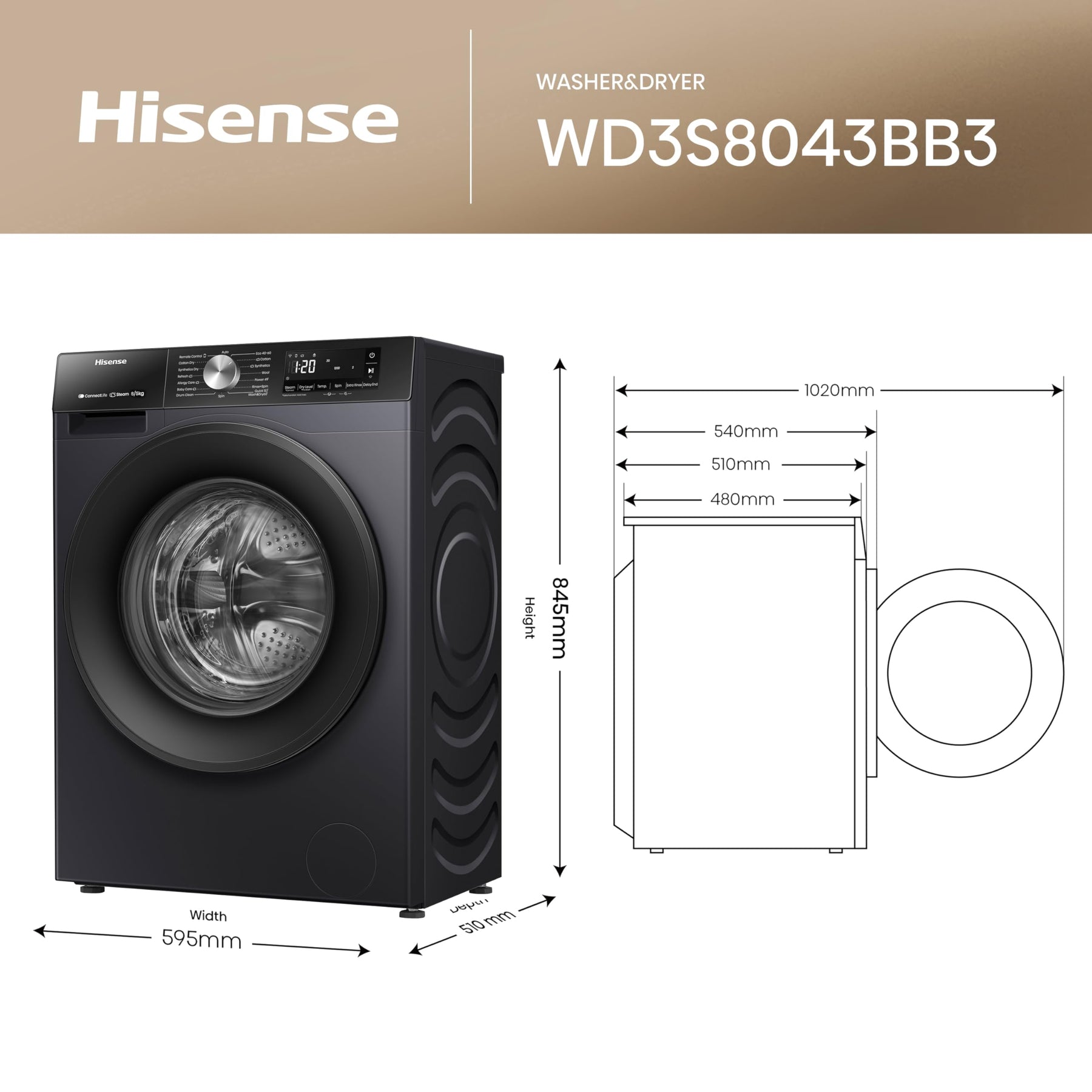 Hisense 3S Series WD3S8043BB3 Wifi Connected 8Kg and 5Kg Washer Dryer with 1400 rpm - Black - A-D Rated